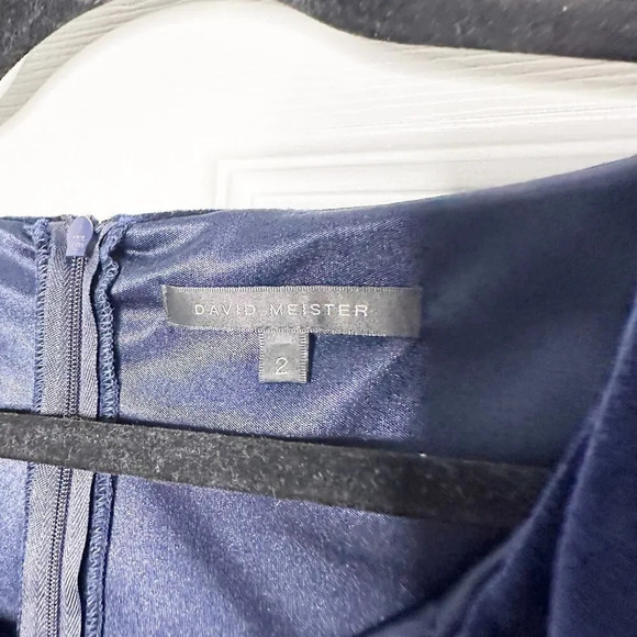 DAVID MEISTER Size 2 Navy Blue Velvet Cocktail Dress Ruched Tie Shoulder - Picture 4 of 7